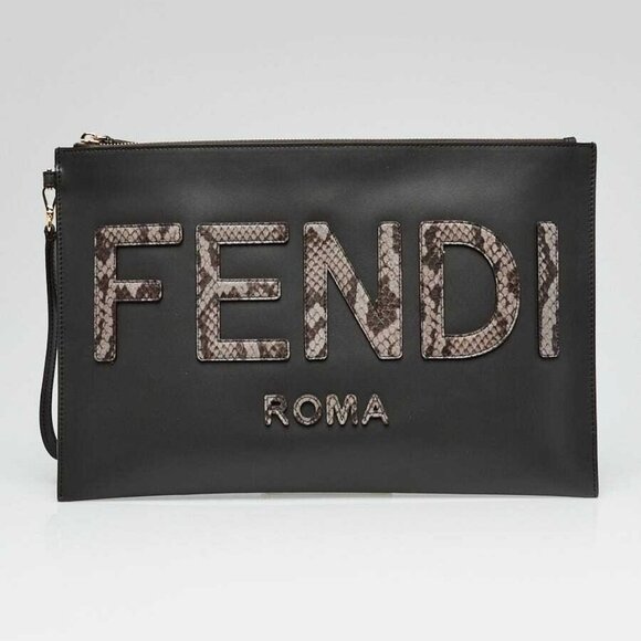 Fendi Handbags - Fendi Black/Grey Leather/Snakeskin Zip Large Flat Wristlet Pouch 8N0178